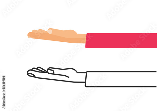 Hand open asking flat vector icon or palm take outstretched receiving request and please support offer thin line outline art graphic illustration isolated, male man give assistance clipart image