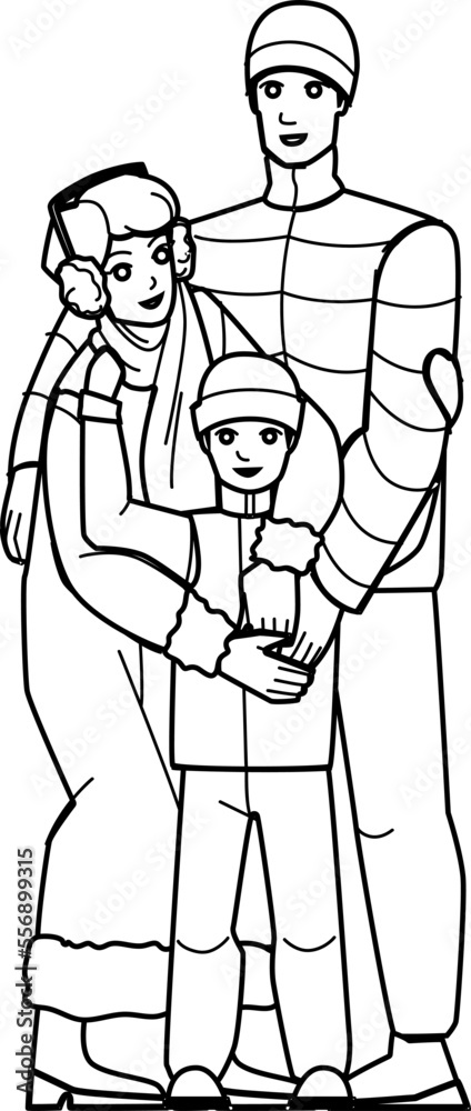 family winter line pencil drawing vector. holiday mother, happy child, together snow, fun kid, woman girl, daughter father, joy man, beautiful, parent family winter character. people Illustration