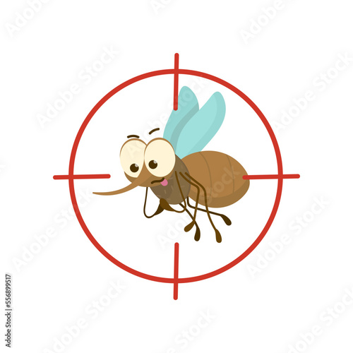 Anti mosquito sign, bloodsuckers danger warning signal, mosquito target. Red prohibiting sign with insect cartoon illustration. Malaria, epidemic, contamination concept