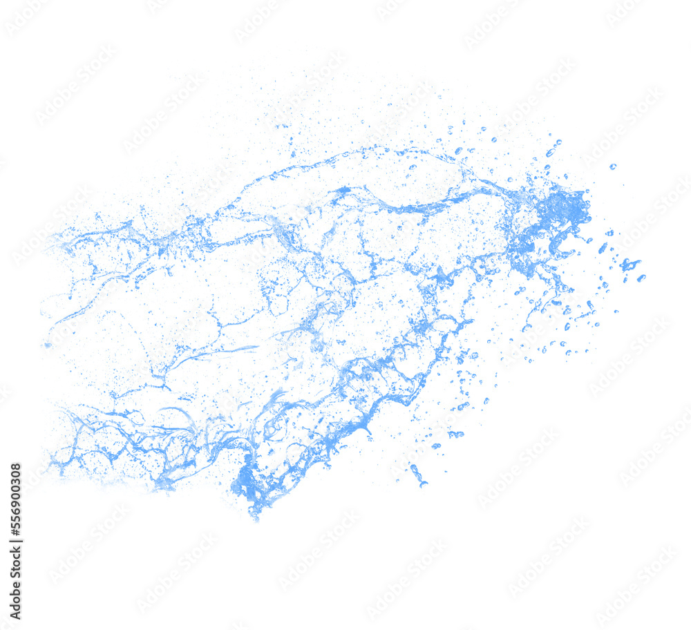 Blue water splashes isolated on transparent background. Royalty high-quality free stock PNG image of overlays realistic Clear water splash, Hydro explosion, aqua dynamic motion element spray droplets
