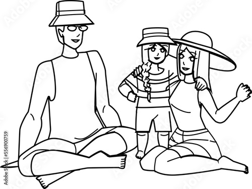 family yacht line pencil drawing vector. water boat, ship travel, leisure young, sailboat vacation, summer happy sea, trip, deck ocean, sail family yacht character. people Illustration