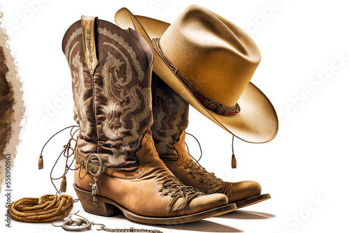 Photographie Old cowboy boots with hat on top isolated on white background