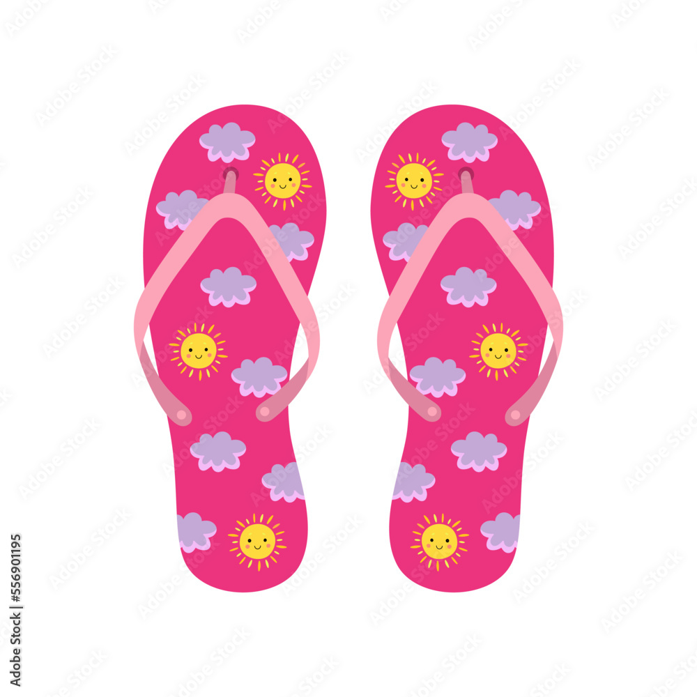 Pink flip flops flat vector illustration. Rubber slippers with graphic pattern of suns and clouds for walking in street or on beach on white background. Footwear, shoes, summer concept