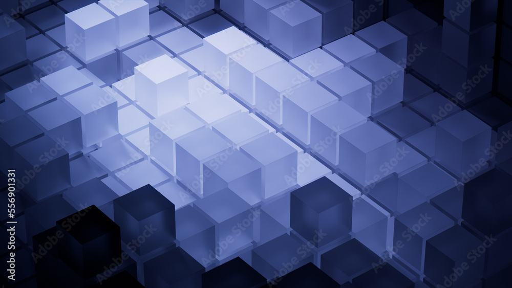 Blue and Black, Translucent Cubes Precisely Aligned to create a Modern Tech Wallpaper. 3D Render. Blue and Black, Translucent Cubes Precisely Aligned to create a Modern Tech Wallpaper. 3D Render.
