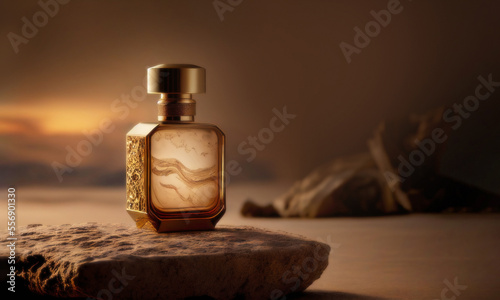 generic luxury gold perfume mockup glass bottle with golden chrome and marbled glass body with on rock display at golden hour time photo