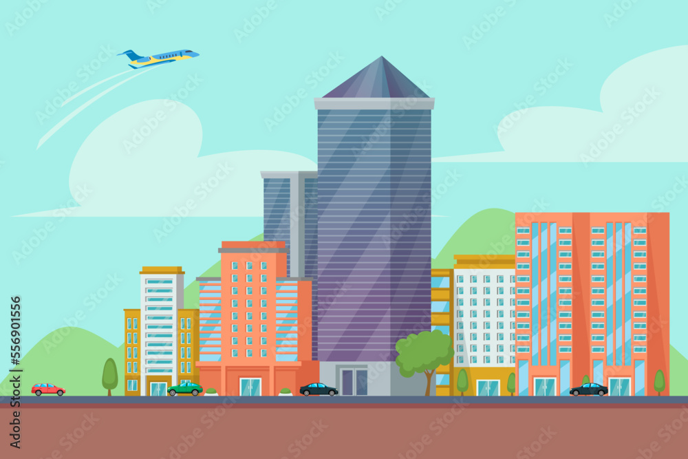 Cityscape with modern buildings and cars vector illustration. Cartoon drawing of landscape with skyscraper, tall houses and transport, flying airplane. City or urban lifestyle concept