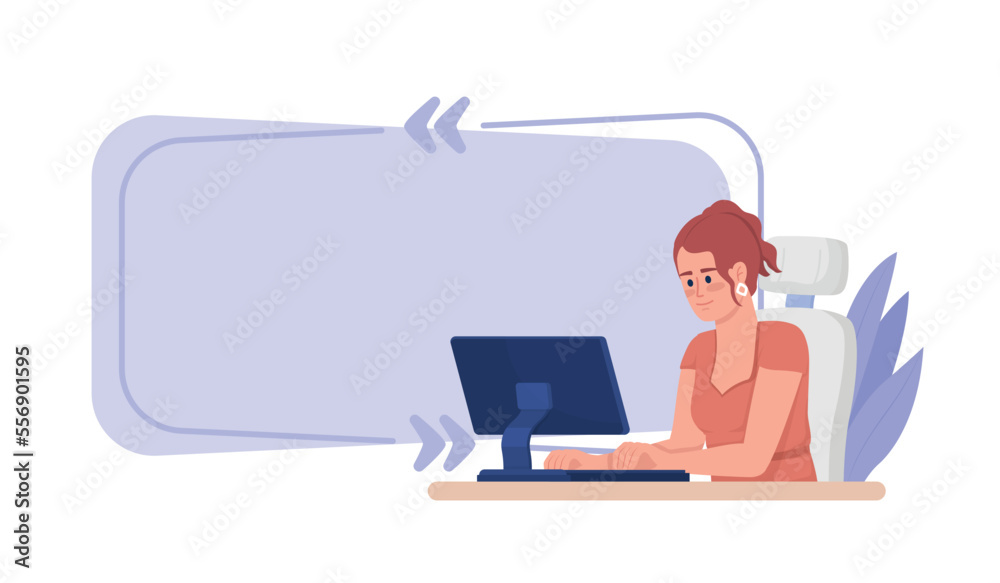 Remote employee quote textbox with flat character. Computer worker. Female typing. Speech bubble with editable cartoon illustration. Creative quotation isolated on white background Remote employee quote textbox with flat character. Computer worker. Female typing. Speech bubble with editable cartoon illustration. Creative quotation isolated on white background