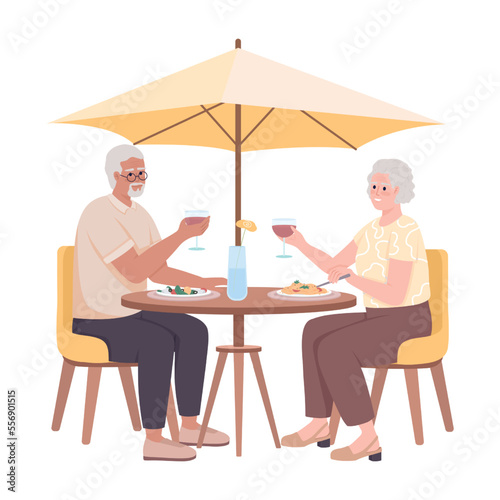 Retire couple have dinner in cafe semi flat color vector characters. Editable figure. Full body people on white. Dating simple cartoon style illustration for web graphic design and animation