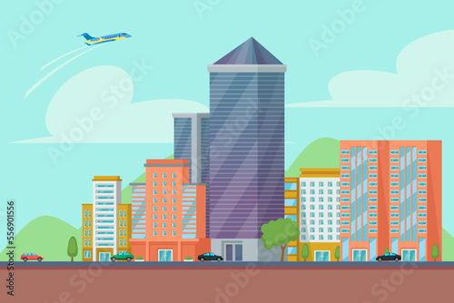 Cityscape with modern buildings and cars vector illustration. Cartoon drawing of landscape with skyscraper  tall houses and transport  flying airplane. City or urban lifestyle concept
