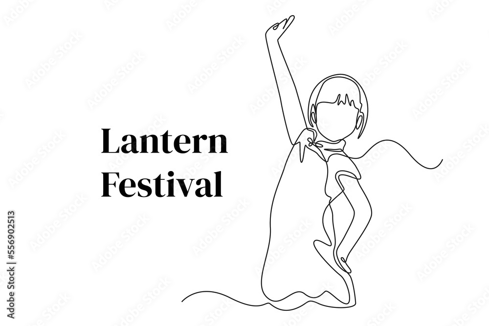 Continuous one line drawing happy  little girl dressed in a Chinese Costume celebrates lantern festival. Lantern festival concept. Single line draw design vector graphic illustration.