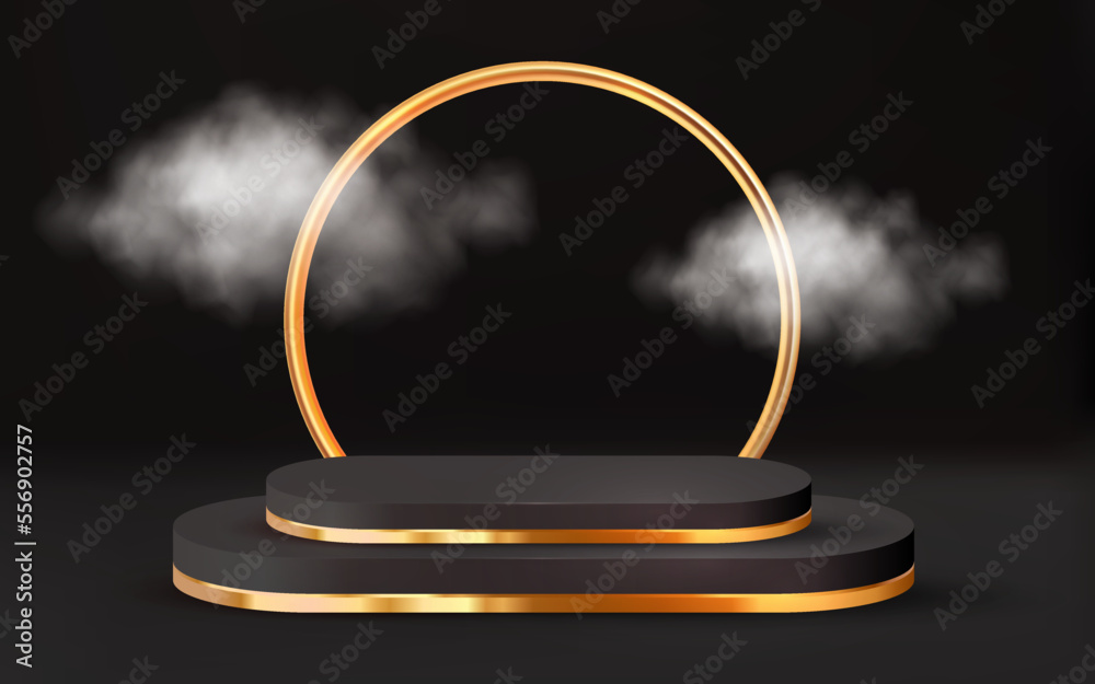 Luxury Black Podium 3D. Abstract scene background. Product presentation, mock up, show cosmetic product, Blank Podium, stage pedestal or platform. 3D Vector. Render
