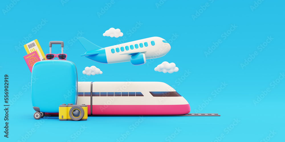 3D suitcase with high-speed train on railway and airplane, global transport, Tourism and travel concept, holiday vacation, worldwide trip journey, 3d rendering.