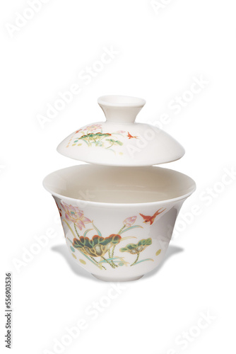 Detailed shot of a white original porcelain color printed gaiwan in chinese style. The designer bowl with a raised lid is isolated on the white background.