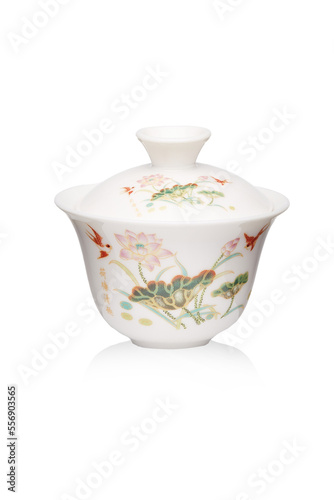 Detailed shot of a white original porcelain color printed gaiwan in chinese style. The designer bowl with a lid is isolated on the white background.