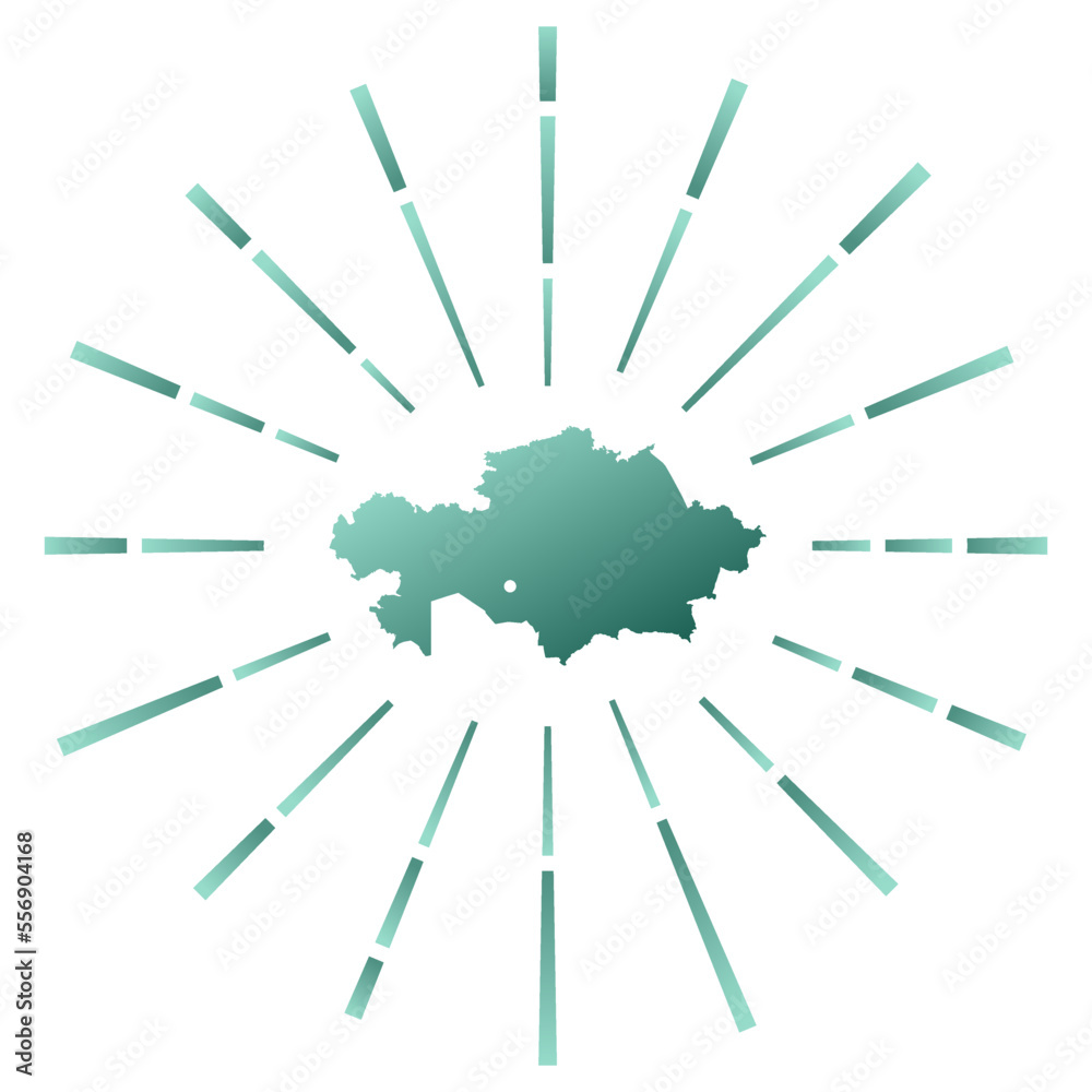 Kazakhstan gradiented sunburst. Map of the country with colorful star rays. Kazakhstan illustration in digital, technology, internet, network style. Vector illustration. Kazakhstan gradiented sunburst. Map of the country with colorful star rays. Kazakhstan illustration in digital, technology, internet, network style. Vector illustration.