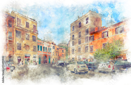 Digital illustration in watercolor style of the street of Rome city © ame kamura
