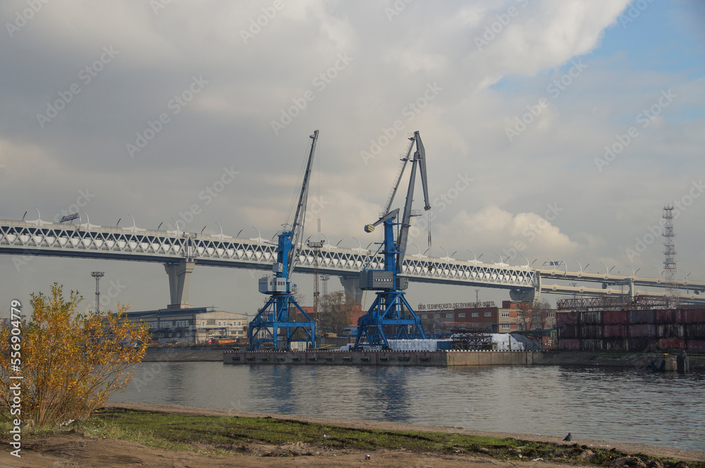 Obraz premium Photo of the Kanonersky Island in autumn, St. Petersburg, view of the port cranes, port constructions and overpass of the Western Expressway Diameter