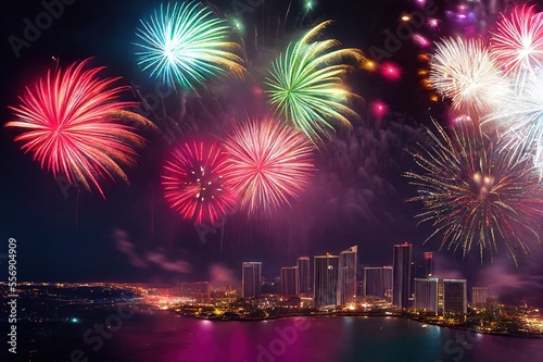 New Year's Fireworks Celebration over World Cities and Landmarks Illustration Background Image