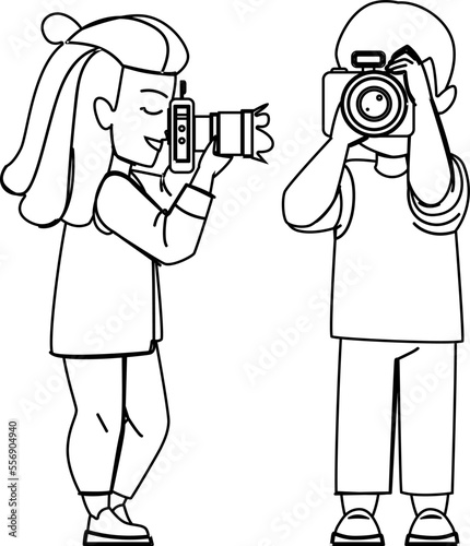 photograph kid line pencil drawing vector. camera photo, child photography, photograph picture, happy boy girl, children expression photograph kid character. people Illustration
