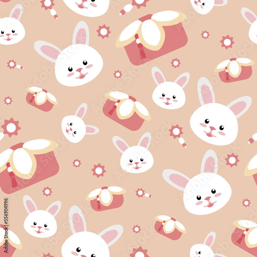 A pattern of cute hares on a pink background with traditional Korean gifts and decor in the form of flowers and beads. The year of the rabbit is 2023. A repeating pattern for a girl