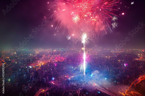 New Year's Fireworks Celebration over World Cities and Landmarks Illustration Background Image photo