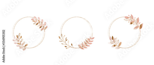 Set of luxury wedding frame element vector illustration. Watercolor and gradient gold leaf branch wreath with circle frame. Design suitable for wallpaper, frame, invitation card, poster, banner.