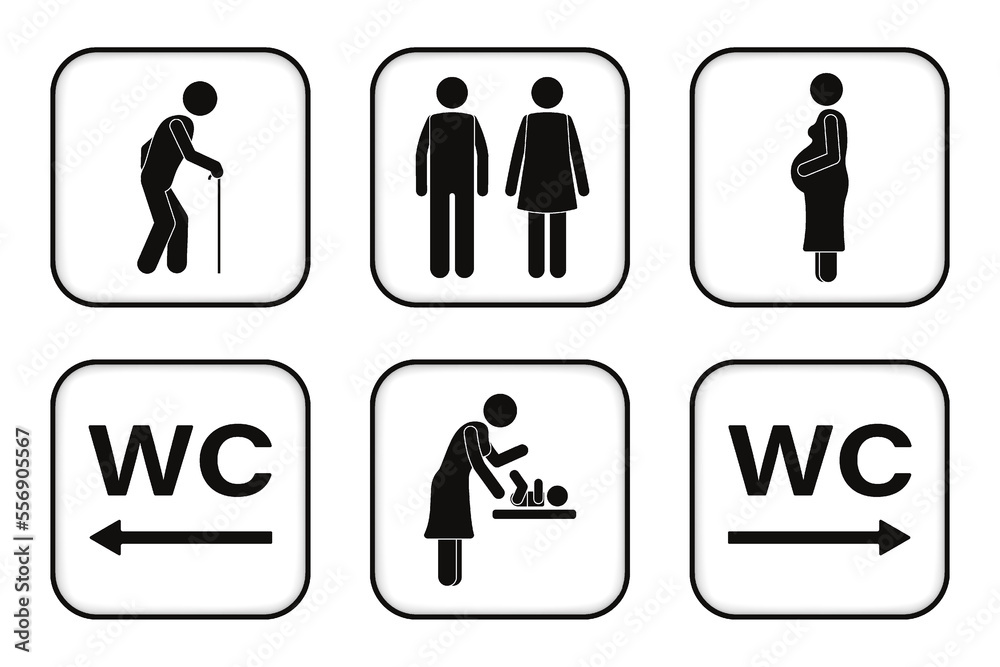 Restroom icons. WC signs vector. Toilet signs. Man and woman, Baby change and Elderly sign. Restroom icons. WC signs vector. Toilet signs. Man and woman, Baby change and Elderly sign.