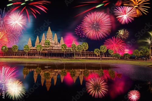 New Year's Fireworks Celebration over World Cities and Landmarks Illustration Background Image photo