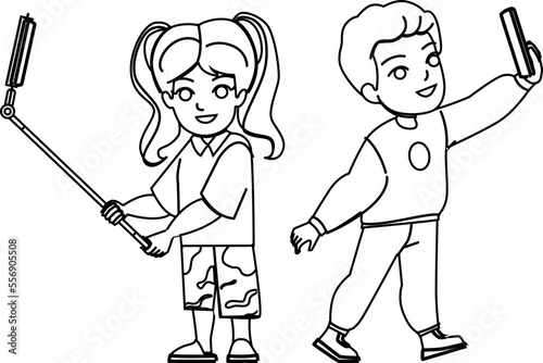 selfie kid line pencil drawing vector. child happy, childhood little, young girl, phone fun, cute smile, mobile camera, beautiful selfie kid character. people Illustration