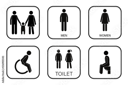 Restroom signs. WC signs. Toilet signs. Family, Man, Woman, Disabled and Kids icon.