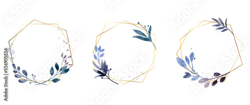 Set of luxury wedding frame element vector illustration. Watercolor leaf branch with golden polygonal frame and brush stroke texture. Design suitable for frame, invitation card, poster, banner.