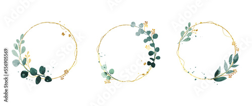 Set of luxury wedding frame element vector illustration. Watercolor and golden leaf branch with circle frame and brush stroke texture. Design suitable for frame, invitation card, poster, banner.