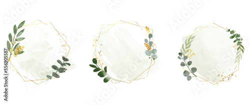 Set of luxury wedding frame element vector illustration. Watercolor and golden leaf branch with polygonal frame and brush stroke texture. Design suitable for frame, invitation card, poster, banner. photo