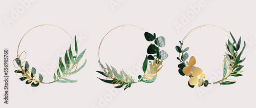 Set of luxury wedding frame element vector illustration. Watercolor and golden leaf branch with circle frame and brush stroke texture. Design suitable for frame, invitation card, poster, banner.