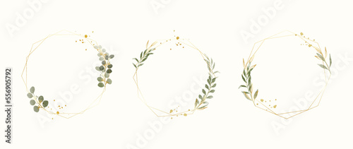 Set of luxury wedding frame element vector illustration. Watercolor and golden leaf branch with polygonal frame and brush stroke texture. Design suitable for frame, invitation card, poster, banner.