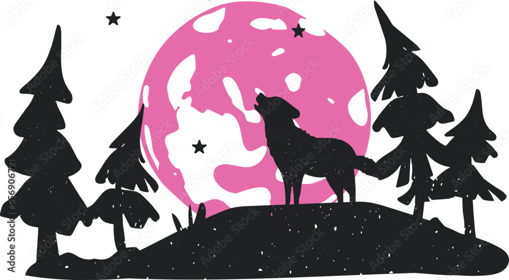 Naklejka premium pink full moon and wolf vector silhouette. wolf howling at the moon in the forest vector silhouette. forest landscape vector silhouette