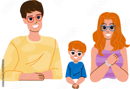 family glasses vector. happy eyeglasses, woman father, man portrait, smile parent, love together, kid child family glasses character. people flat cartoon illustration