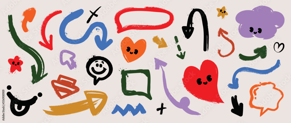 Set of hand paint element vector illustration. Collection of colorful arrow, speech bubble and symbols with brush paint on warm white background. Design suitable for tattoo, sticker, print, artwork. Set of hand paint element vector illustration. Collection of colorful arrow, speech bubble and symbols with brush paint on warm white background. Design suitable for tattoo, sticker, print, artwork.