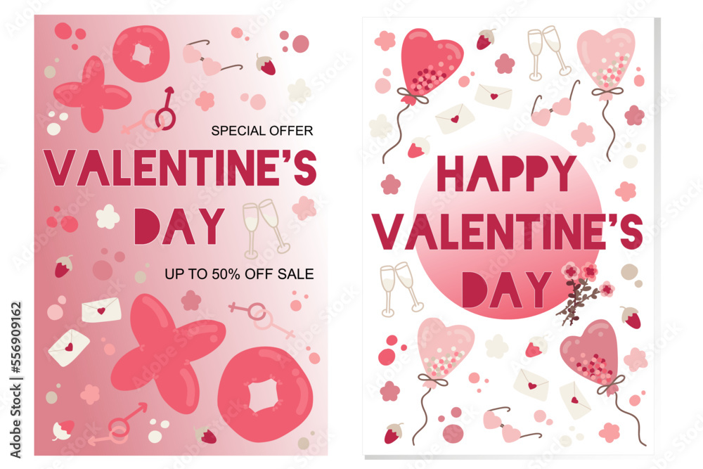 Valentines Day concept set flyers with romantic cute elements on a gradient background. Hand drawn illustration