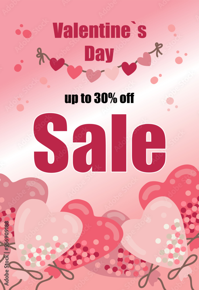 Valentines day sale card with heart shape balloons on a gradient background. Hand drawn design. Vector illustration
