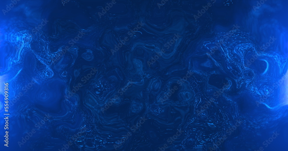 A blue background in the form of a mixing blue dye in a liquid. Gas bubbles that move chaotically in the water. 3D render. A blue background in the form of a mixing blue dye in a liquid. Gas bubbles that move chaotically in the water. 3D render.