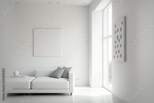 Interior design of a contemporary empty white living room with an empty white wall texture. Generative AI