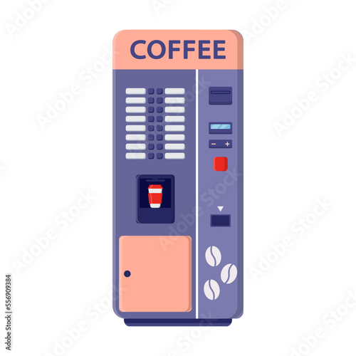 Vending machine. Vector illustration of shop selling drinks in can or bottles and food snacks. Cartoon front view of bar or store equipment isolated white. Retail concept