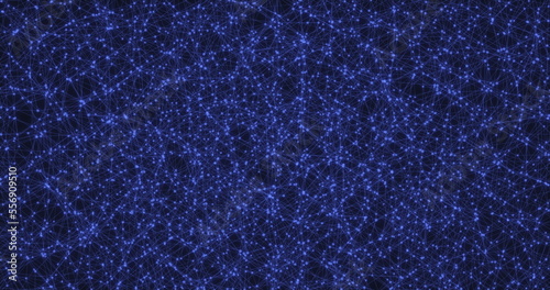 An abstract background of many moving small blue particles and lines. Chaotic Brownian particle motion. 3D render.
