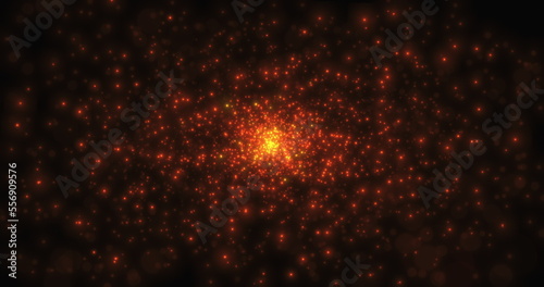 An abstract star cluster. Slowly flying from the bright center of yellow particles on a dark background. Bokeh. 3D render.