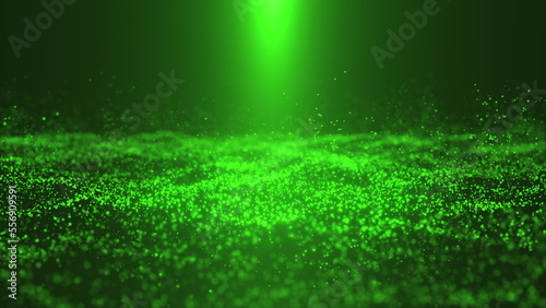 An abstract shaky oscillating surface of green particles. Chaotically flying small particles above the surface of large ones. A green cone of light above the surface. 3D render.