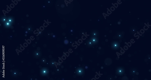 Glowing and sparkling blue particles fall in space on a blue background. Abstract star rain. Bokeh. 3D render.