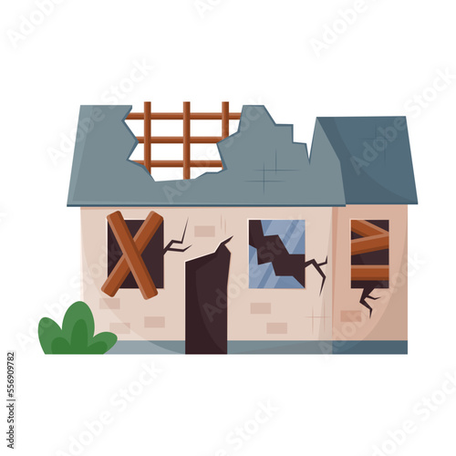 Old building. Vector illustration of destroyed house after war, apocalypse or earthquake. Cartoon abandoned dirty property in poor condition isolated white. Poverty concept
