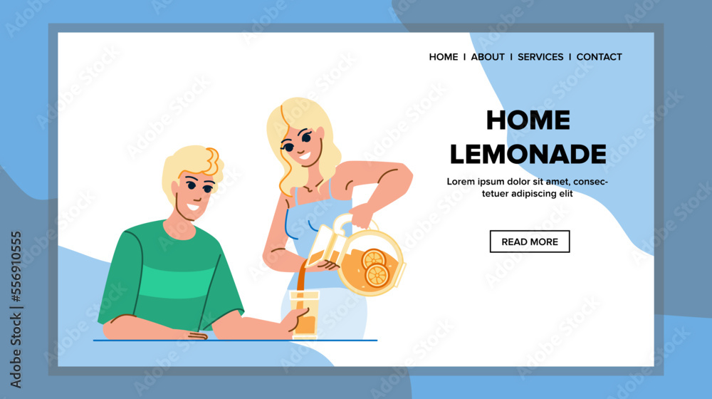 home lemonade vector. drink beverage, table glass, happy girl, fruit, lemon fresh, summer child home lemonade web flat cartoon illustration
