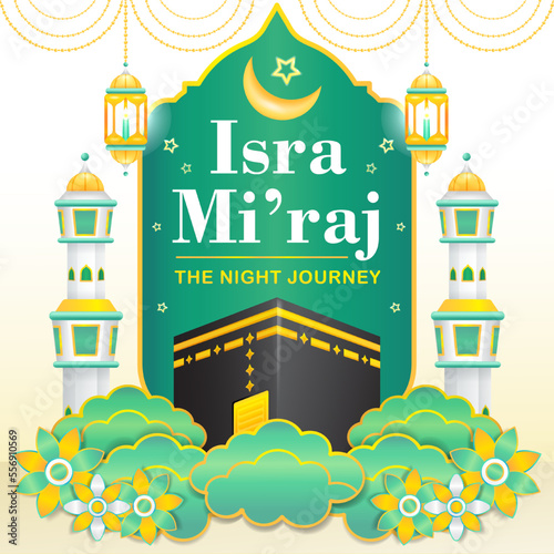 Isra Miraj, 3d illustration of kaaba with floral ornament and clouds